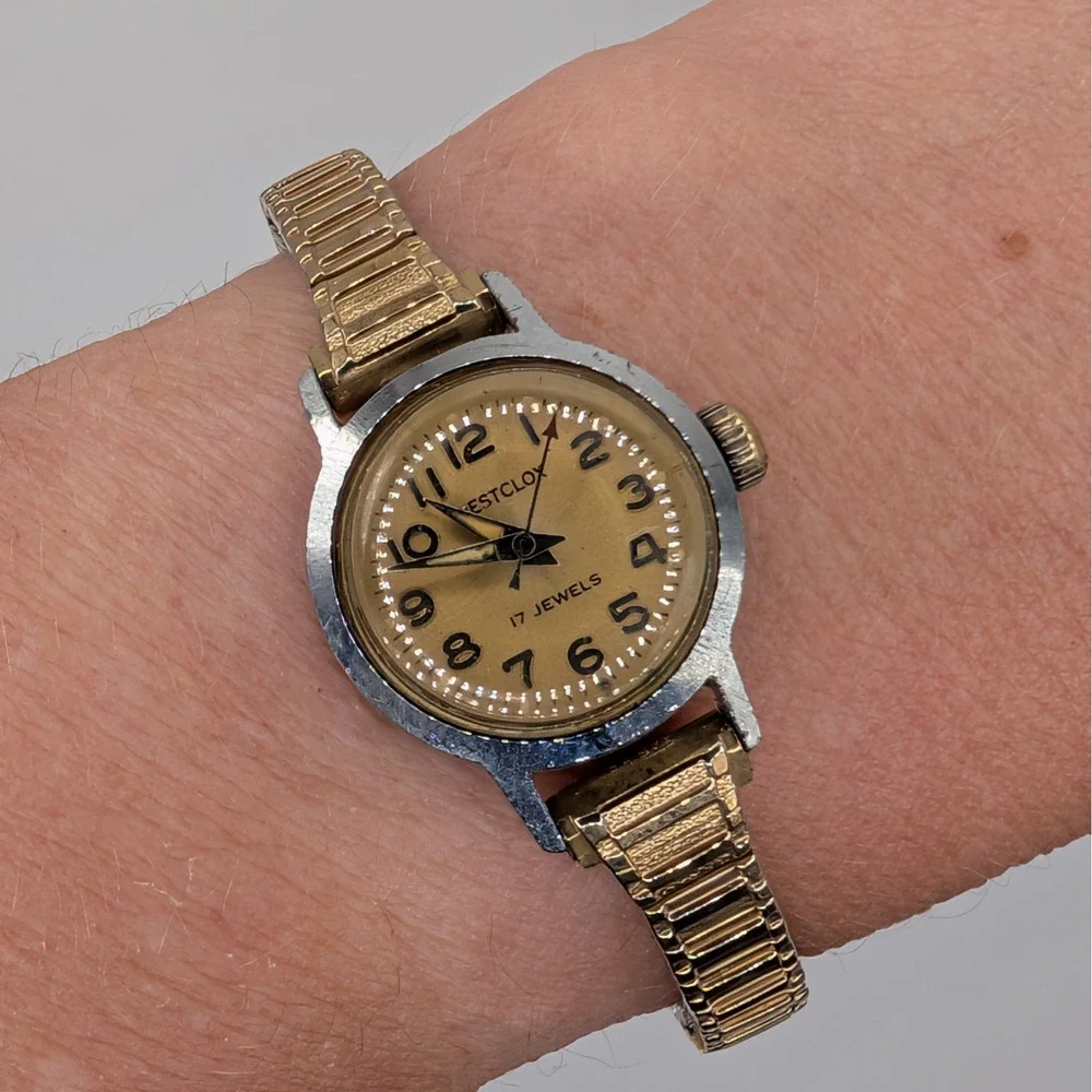 Westclox Vintage 17 Jewels Mechanical Watch Gold Tone Speidel Bracelet‎ Box